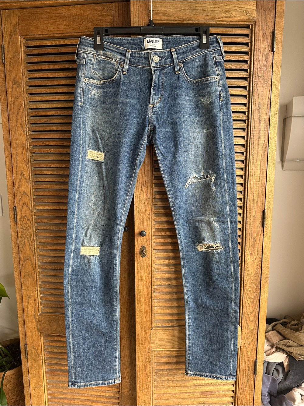 Agolde Men's Ripped Medium Blue Slim Straight Jeans